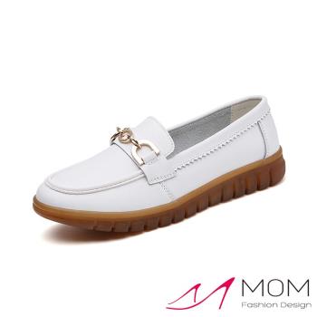 【MOM】樂福鞋 休閒樂福鞋/真皮金屬釦造型軟底舒適休閒樂福鞋 白