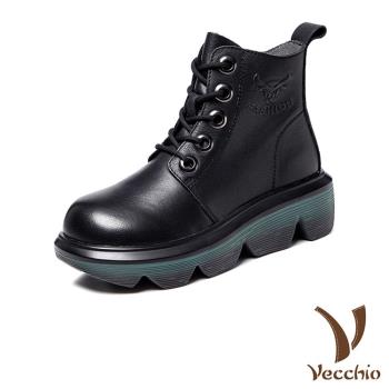 【VECCHIO】馬丁靴 厚底馬丁靴/全真皮頭層牛皮輕量復古繫帶鬆糕厚底馬丁靴 黑