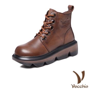 【VECCHIO】馬丁靴 厚底馬丁靴/全真皮頭層牛皮輕量復古繫帶鬆糕厚底馬丁靴 棕
