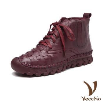 【VECCHIO】短靴 厚底短靴/全真皮頭層牛皮編織造型繫帶個性厚底短靴 酒紅