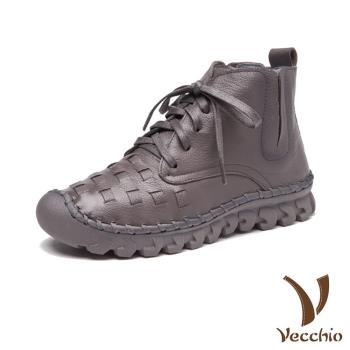 【VECCHIO】短靴 厚底短靴/全真皮頭層牛皮編織造型繫帶個性厚底短靴 灰