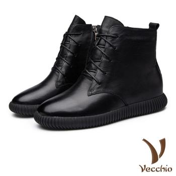 【VECCHIO】短靴 繫帶短靴/全真皮頭層牛皮復古繫帶百搭內增高短靴 黑
