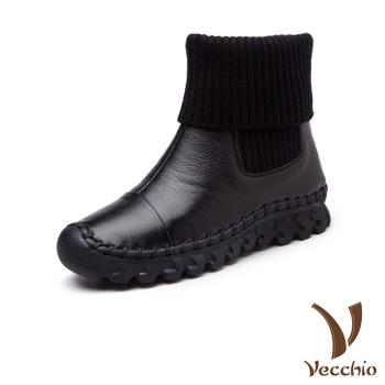 【VECCHIO】短靴 厚底短靴/真皮頭層牛皮多穿法設計針織襪套拼接厚底短靴 黑