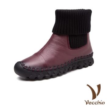 【VECCHIO】短靴 厚底短靴/真皮頭層牛皮多穿法設計針織襪套拼接厚底短靴 酒紅