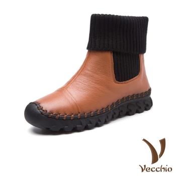 【VECCHIO】短靴 厚底短靴/真皮頭層牛皮多穿法設計針織襪套拼接厚底短靴 棕