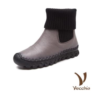 【VECCHIO】短靴 厚底短靴/真皮頭層牛皮多穿法設計針織襪套拼接厚底短靴 灰