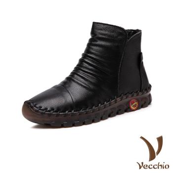 【VECCHIO】短靴 真皮短靴/全真皮頭層牛皮手工縫線自然抓褶復古短靴 黑
