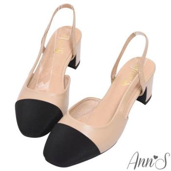 Ann’S顯腳小系列-拼接羊皮真皮小香風拉帶粗跟包鞋5cm-黑杏