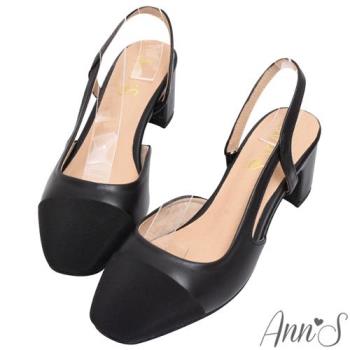 Ann’S顯腳小系列-拼接羊皮真皮小香風拉帶粗跟包鞋5cm-黑