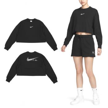 Nike 短版長袖 NSW Swoosh 黑 白 上衣 女款 寬鬆 基本款 長T DR5633-010