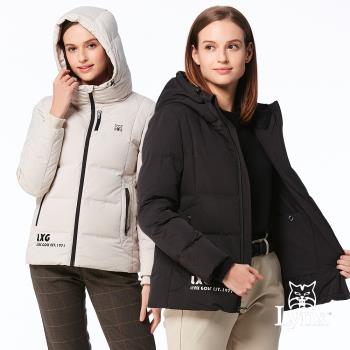 【Lynx Golf】女款保暖舒適羽絨壓線造型胸袋設計拉鍊口袋長袖不可拆式連帽外套(二色)