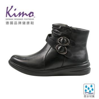 Kimo德國品牌健康鞋-專利防水-都市率性牛皮雙圓扣造型拉鍊機能靴 (黑色 KBCWF071563)