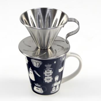 【MILA】不鏽鋼咖啡濾杯(1-2cup)附Kalita 馬克杯(咖啡杯、水杯)300ml-深藍