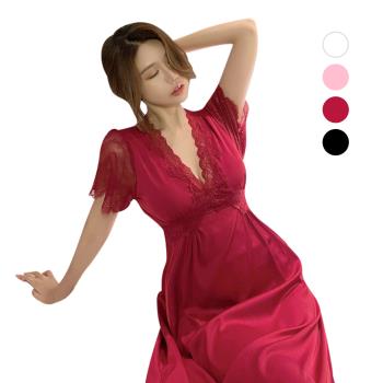 Colorland-冰絲睡衣 性感睡衣 短袖蕾絲睡衣 連身睡衣 帶胸墊款連身裙