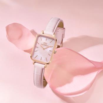 【Daniel Wellington】Quadro DW00100508 珍珠面盤 皮錶帶 方形女錶 粉/玫瑰金 20x26mm
