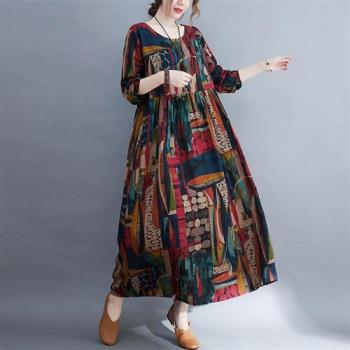 【巴黎精品】連身裙長袖洋裝-復古減齡印花寬鬆女裙子a1bn46
