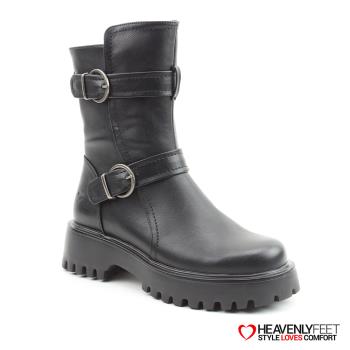 HEAVENLYFEET 英國舒適休閒女鞋 個性雙扣中筒靴-Tatianna(黑色)