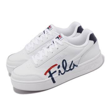 Fila 休閒鞋 Court LUX Premium 白 海軍藍 男女鞋 小白鞋 皮革 草寫 微厚底 斐樂 4C304X123
