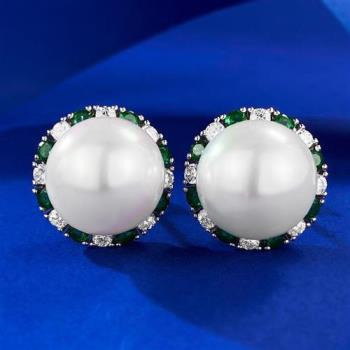 【米蘭精品】珍珠耳環925純銀耳針-祖母綠鑽鑲12mm貝珠女飾品74gh11
