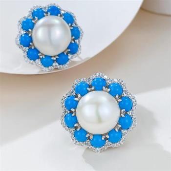 米蘭精品 珍珠耳環925純銀耳針-藍松石12mm花形鑲鑽女飾品74gh16