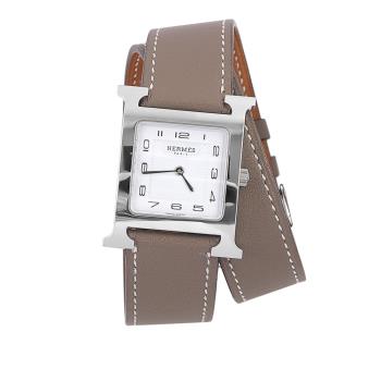 HERMES HEURE H MM 銀色錶殼雙圈手錶(26mm)(大象灰)_展示品