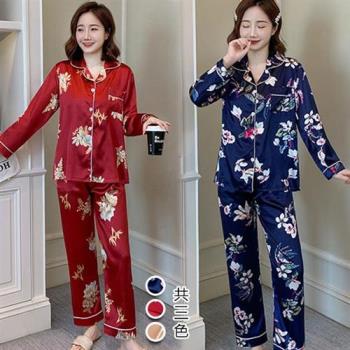 【韓國K.W.】(現貨)綢緞質感印花休閒居家睡衣套裝