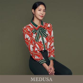 現貨【MEDUSA 曼度莎】華麗復古紅綠印花雪紡襯衫（綁帶可拆）（M-2L）｜女長袖上衣 雪紡上衣
