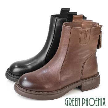 GREEN PHOENIX 女 短靴 中筒靴 機車靴 真皮 拉鍊 粗跟U11-27681