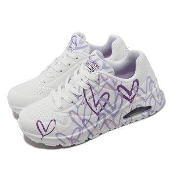 Skechers 休閒鞋 Uno-Spread The Love 女鞋 白 紫 愛心 滿版 氣墊 聯名 皮革 小白鞋 155507WLPR