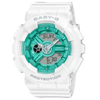 【CASIO 卡西歐】BABY-G 季節限定冬日光彩 色彩繽紛 經典雙顯手錶 綠白 BA-110XWS-7A_43.4mm