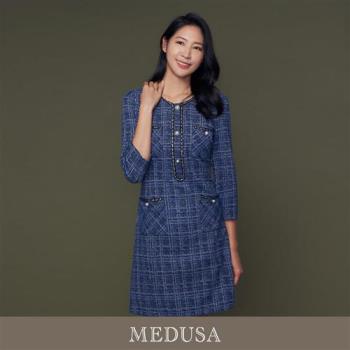 現貨【MEDUSA 曼度莎】名媛小香風藍毛呢洋裝（M-XL）｜連身裙 小禮服 禮服洋裝