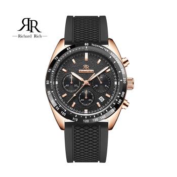 【Richard Rich】RR 星際霸主系列 玫金殼黑面計時三眼陶瓷圈隕石面矽膠腕錶
