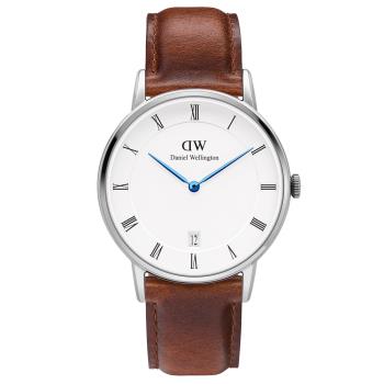 DW Daniel Wellington Dapper時尚棕色皮革腕錶-銀框/34mm(1140DW)