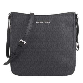 MICHAEL KORS  銀字滿版防刮LOGO皮革斜背包(黑灰)