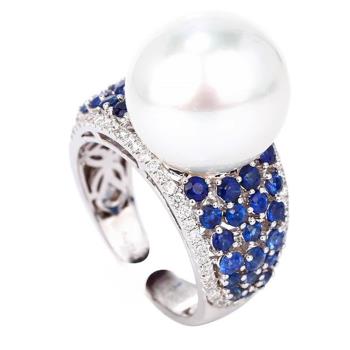 ANGEL 法式巴洛克珍珠寬版藍鑽彈性開口戒指(藍色)