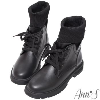 Ann’S多種穿法針織襪靴 綁帶造型真皮平底短靴3cm-黑
