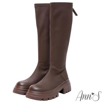 Ann’S防潑水材質-顯瘦100分厚底圓頭及膝長靴5cm-咖