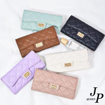 Jpqueen 菱格純色簡約中長夾皮夾錢包手拿包(6色可選)