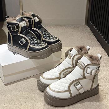 Taroko 暖暖菱格加絨防水厚底短雪靴(2色可選)