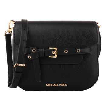 MICHAEL KORS  金字綁帶荔枝紋皮革斜背馬鞍包(黑)小