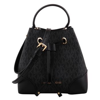 MICHAEL KORS - 金字滿版PVC 拉束兩用水桶包(黑灰)mini