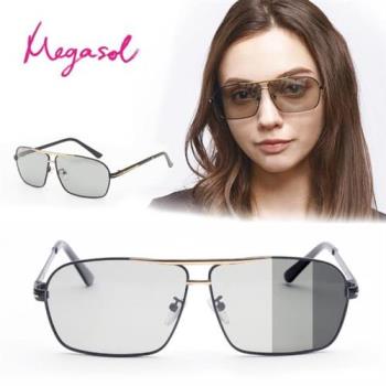 【MEGASOL】寶麗萊UV400偏光金屬方框太陽眼鏡(感光智能變色日夜全天候適用BS8805-多色)