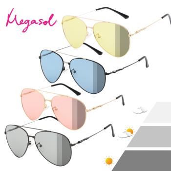 MEGASOL 寶麗萊UV400時尚中性框偏光太陽眼鏡變色墨鏡(感光智能變色灰片彩片全天候適用-BS16612)