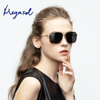 MEGASOL UV400防眩偏光太陽眼鏡時尚中性飛行員款墨鏡(矩形大方框線條雕刻金屬鏡架201915-5色選)