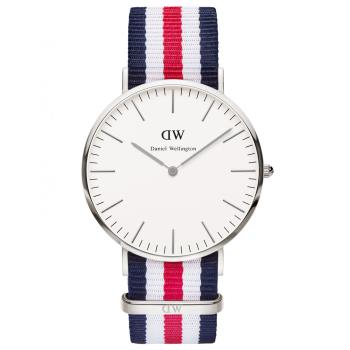 DW Daniel Wellington 經典藍白紅帆布腕錶-銀框/40mm(0202DW)