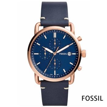FOSSIL RUNWAY簡約三眼時尚皮革腕錶(FS5404)-藍x44mm  