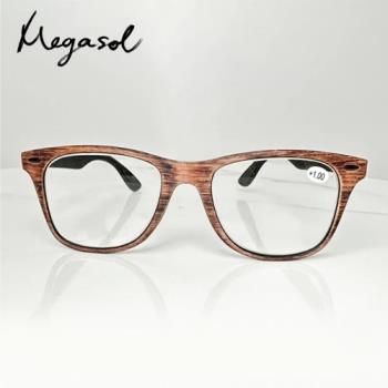 MEGASOL 抗UV400濾藍光時尚木紋框老花眼鏡(復古木紋款-4195)