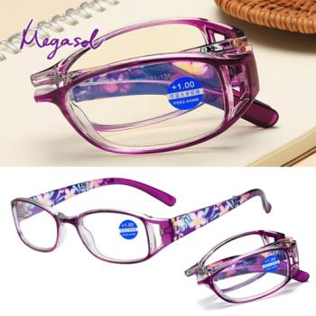 MEGASOL 抗UV400濾藍光時尚女仕中性老花眼鏡大框手機眼鏡(印花摺疊橢圓矩方框-PX-018多色選)