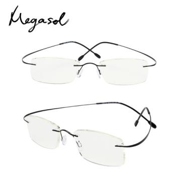 MEGASOL 輕量彈性記憶金屬航鈦金屬半方框老花眼鏡(知性俐落矩方無框中性款-LS-L8021)