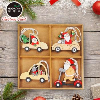 摩達客耶誕-Q版小汽車車木質彩繪(單面)吊飾-聖誕老公公+麋鹿混款16入(8入*2盒裝)